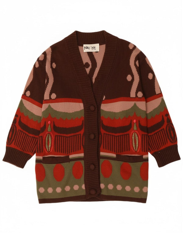 Niki Line Womens Longline Cardigan Sweater UK 14 Large Brown Geometric