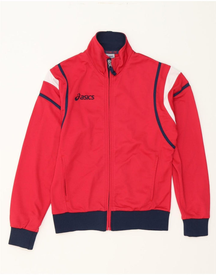ASICS Womens Graphic Tracksuit Top Jacket UK 14 Medium Red Colourblock Vintage Asics and Second-Hand Asics from Messina Hembry 