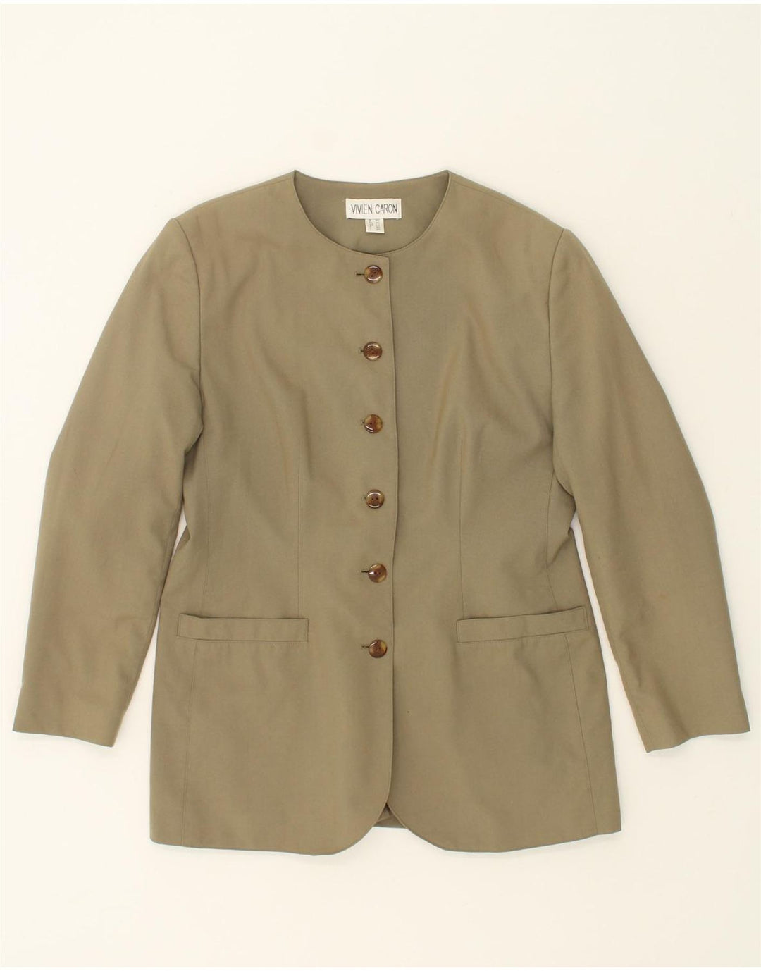 VINTAGE Womens 6 Button Blazer Jacket UK 14 Large Khaki Polyester Vintage Vintage and Second-Hand Vintage from Messina Hembry 