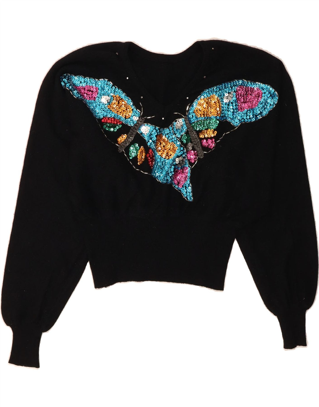 SLAM Womens Crop V-Neck Jumper Sweater UK 14 Medium Black Wool Vintage Slam and Second-Hand Slam from Messina Hembry 