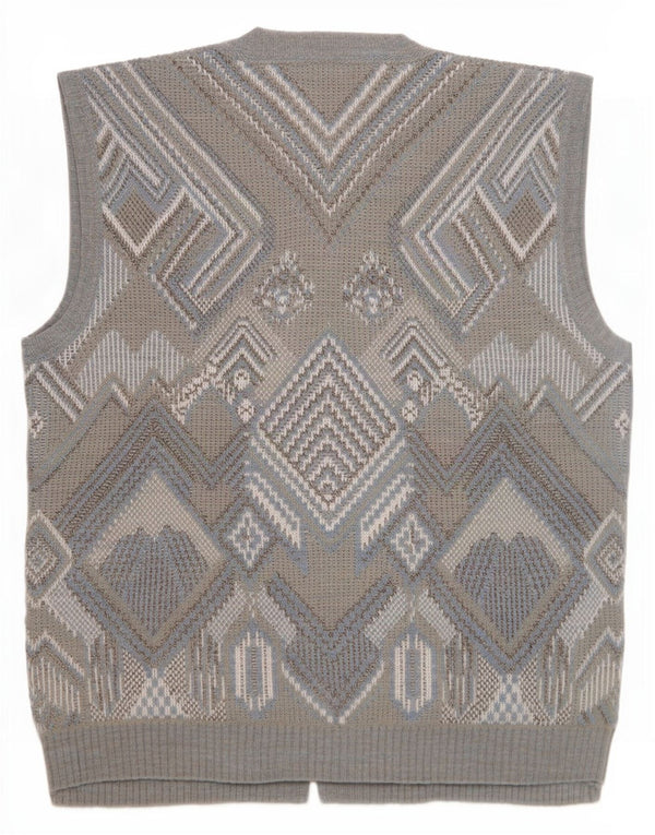 Vintage Mens Sleeveless Cardigan Sweater UK 42/44 Large Grey Geometric
