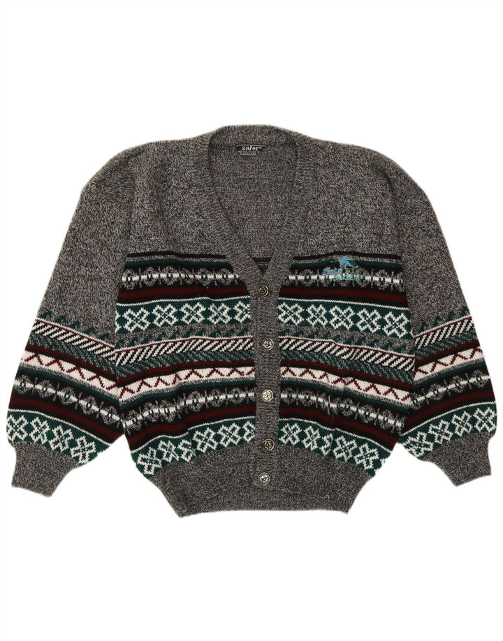 Vintage Mens Cardigan Sweater Large Grey Fair Isle
