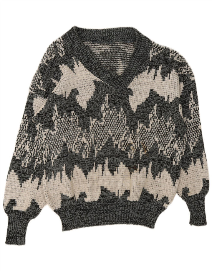 Vintage Mens Abstract Pattern V-Neck Jumper Sweater Medium Grey Geometric