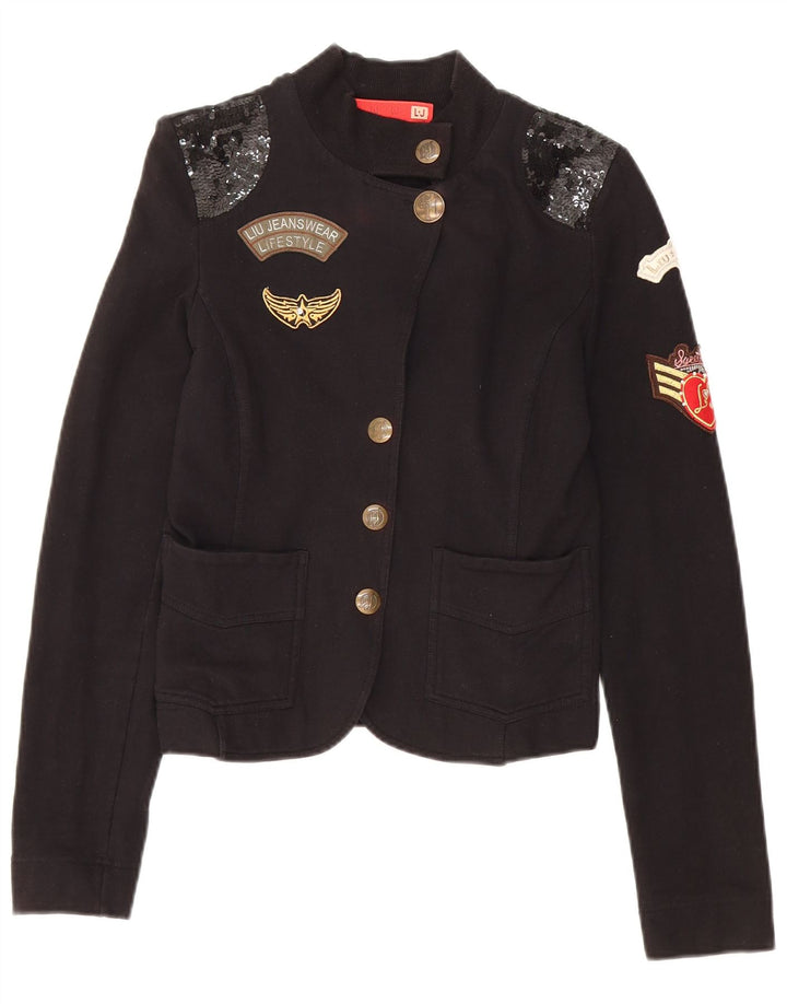 LIU JO Womens Crop Graphic 4 Button Blazer Jacket UK 6 XS Black Cotton