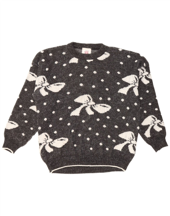 VINTAGE Womens Crew Neck Jumper Sweater UK 16 Large Grey Spotted Acrylic