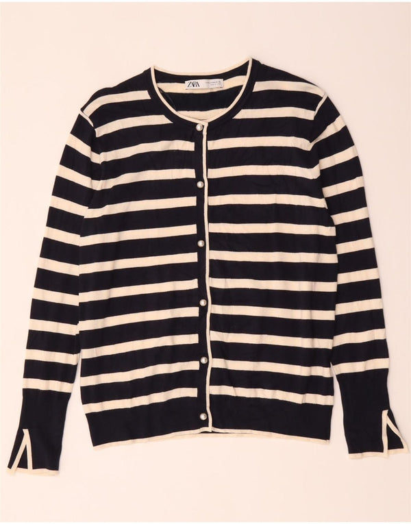 Zara Womens Cardigan Sweater UK 20 2XL Navy Blue Striped Viscose