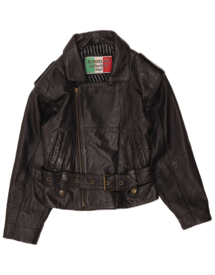 Vintage Womens Crop Leather Biker Jacket UK 8 Small Black Leather