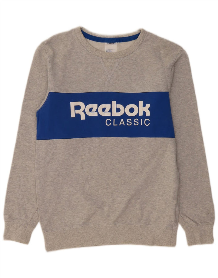 REEBOK Mens Graphic Sweatshirt Jumper Small Grey Colourblock Cotton