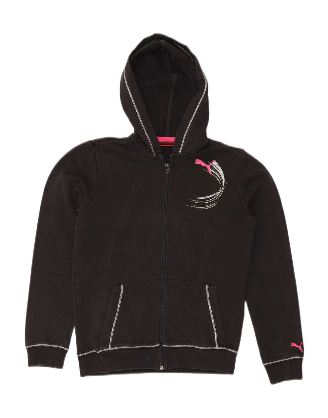PUMA Girls Graphic Zip Hoodie Sweater 13-14 Years Black Cotton