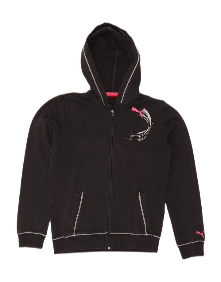 PUMA Girls Graphic Zip Hoodie Sweater 13-14 Years Black Cotton