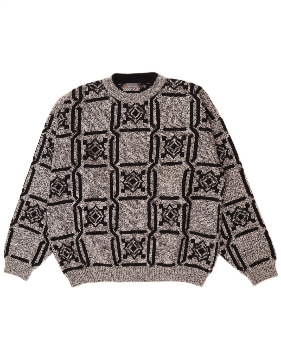 Stefanel Mens Crew Neck Jumper Sweater Large Grey Geometric Wool