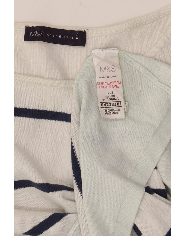 Marks & Spencer Womens Top Long Sleeve UK 8 Small White Striped Cotton