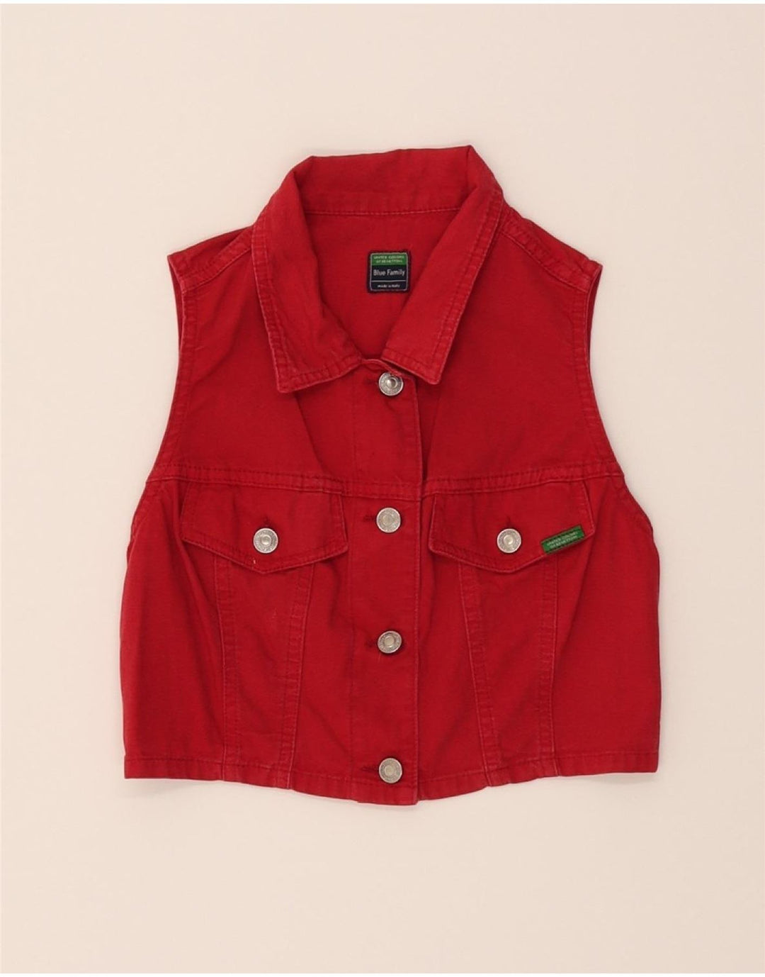 BENETTON Womens Crop Denim Gilet IT 42 Medium Red Cotton Vintage Benetton and Second-Hand Benetton from Messina Hembry 