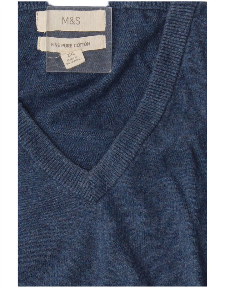 MARKS & SPENCER Mens V-Neck Jumper Sweater 2XL Blue Cotton