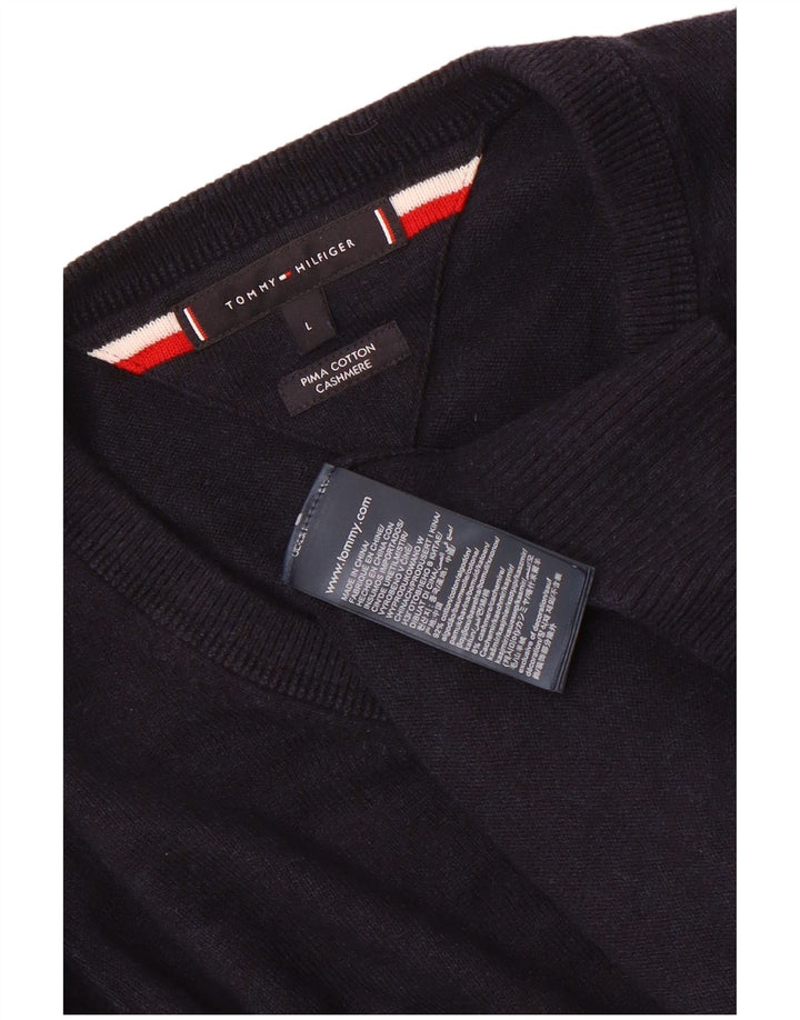 Tommy Hilfiger Mens V-Neck Jumper Sweater Large Navy Blue Cotton