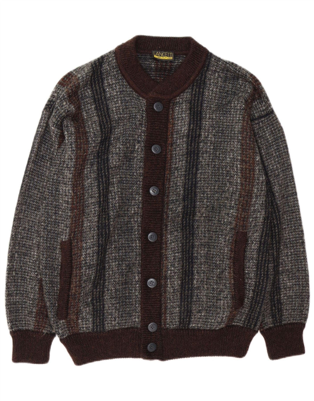 Lancetti Mens Cardigan Sweater Medium Grey Striped