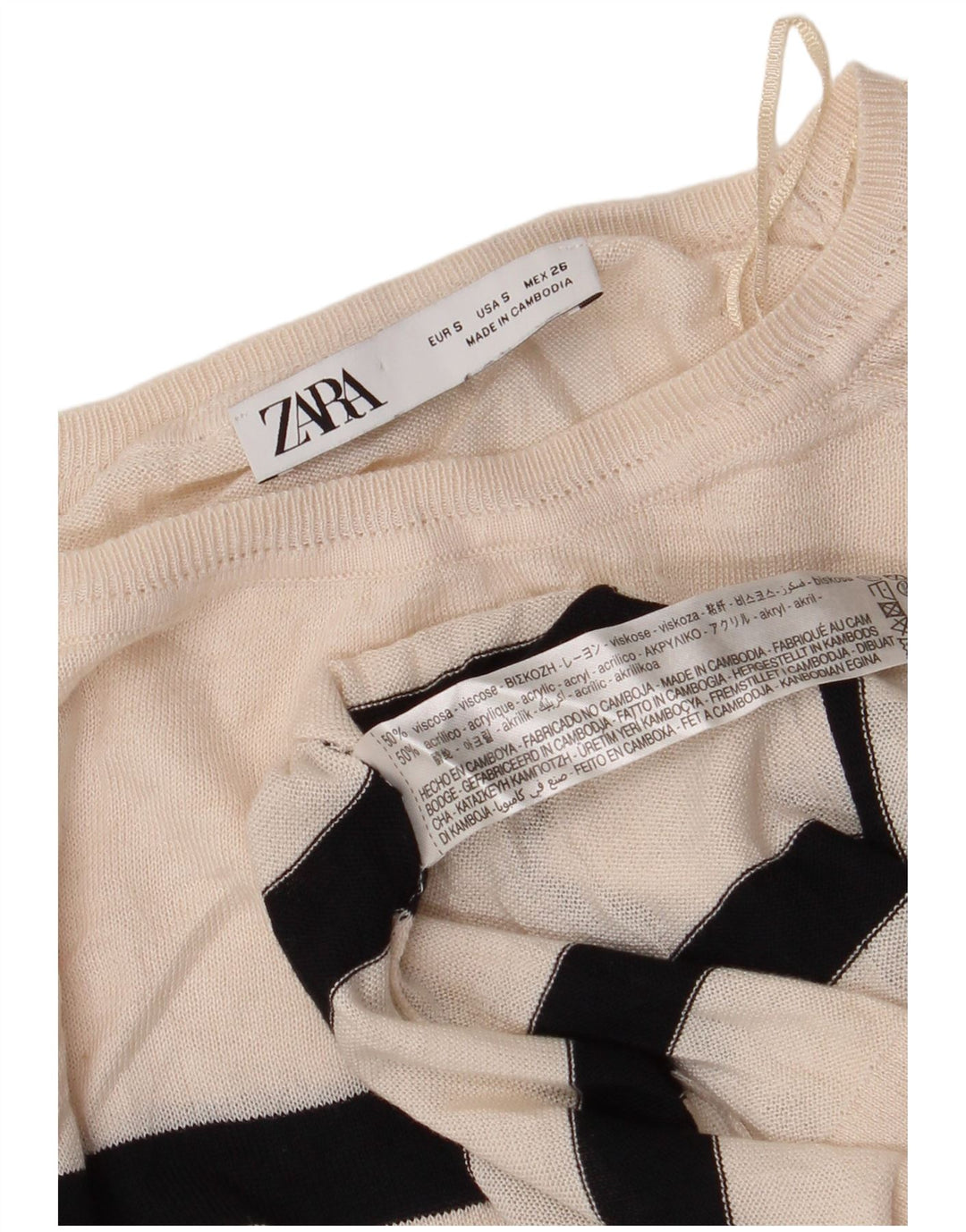 ZARA Womens Crop Boat Neck Jumper Sweater UK 10 Small Off White Striped