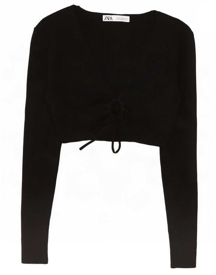Zara Womens Long Sleeve Crop Top UK 12 Medium Black Viscose