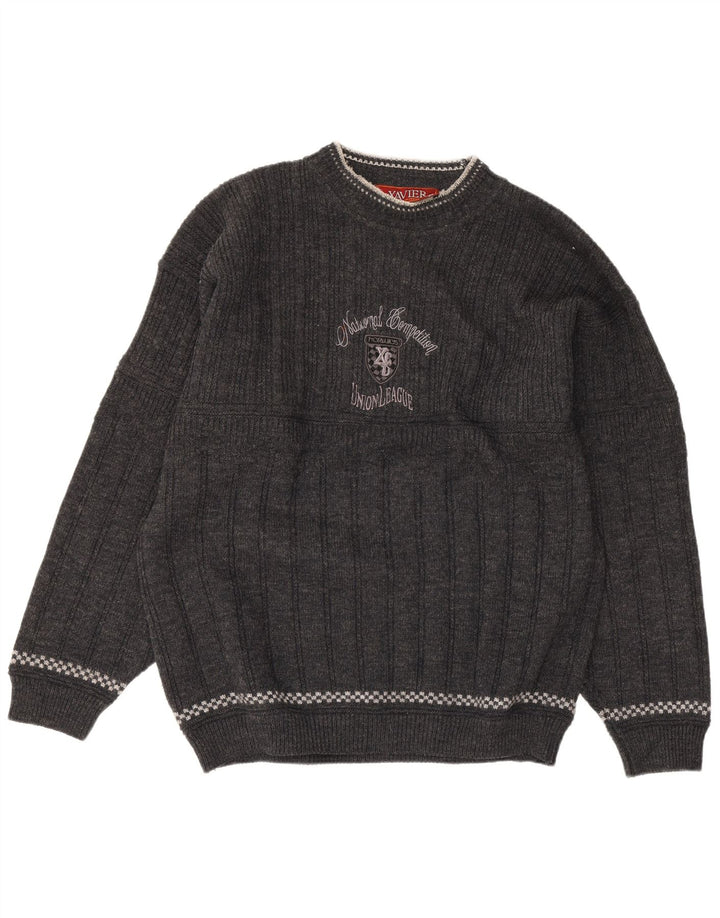 Xavier Mens Graphic Crew Neck Jumper Sweater Large Grey Wool