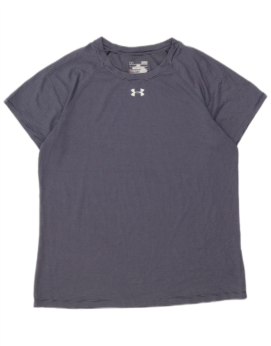 UNDER ARMOUR Womens Heat Gear T-Shirt Top UK 16 Large Navy Blue Pinstripe
