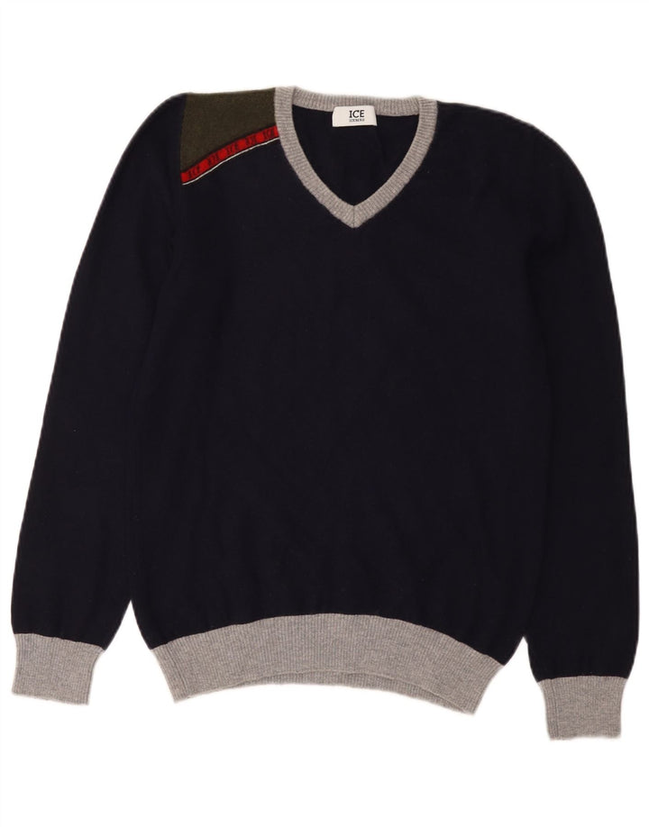 Iceberg Womens V-Neck Jumper Sweater UK 12 Medium Navy Blue Colourblock