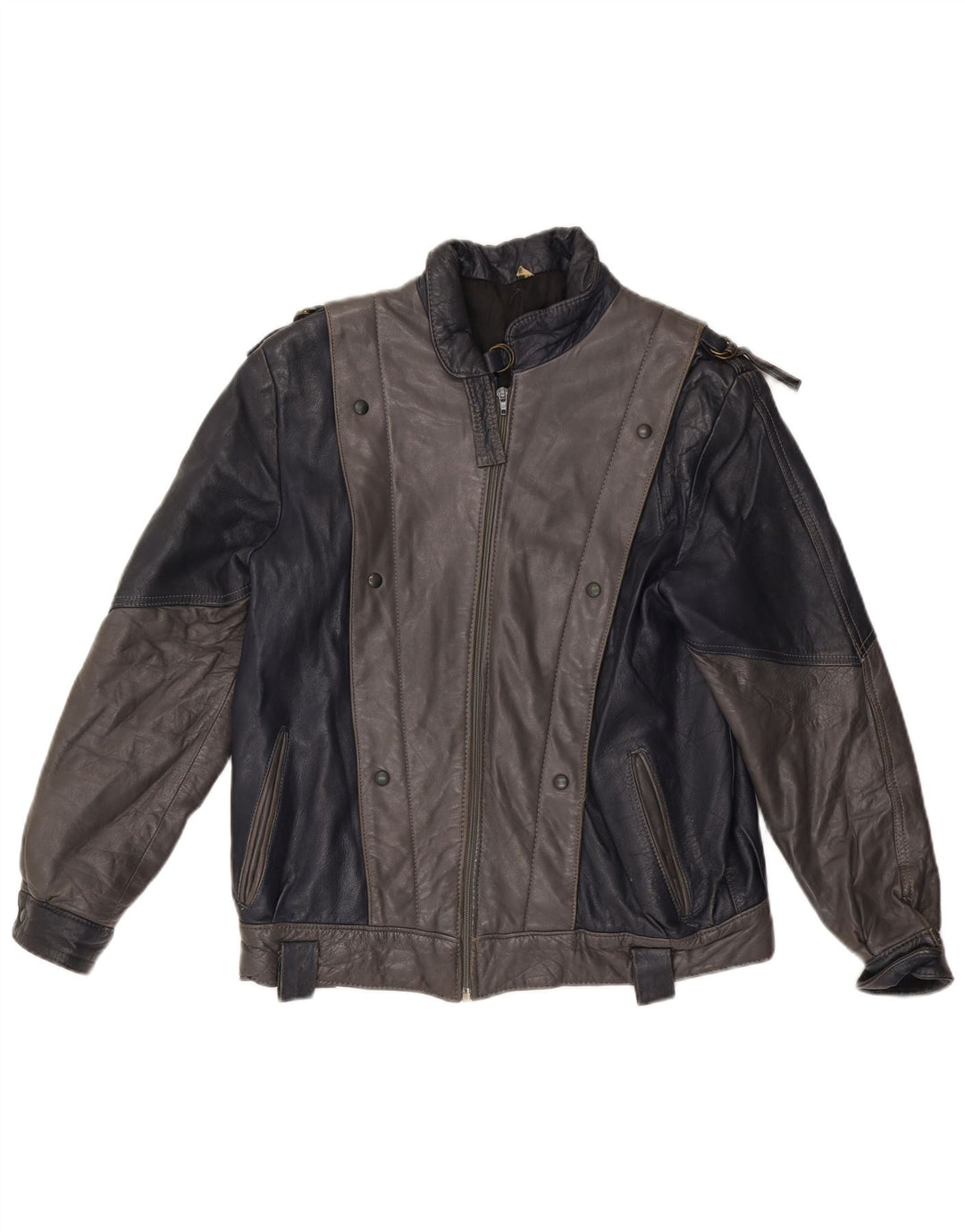 VINTAGE Womens Leather Jacket UK 14 Medium Grey Colourblock