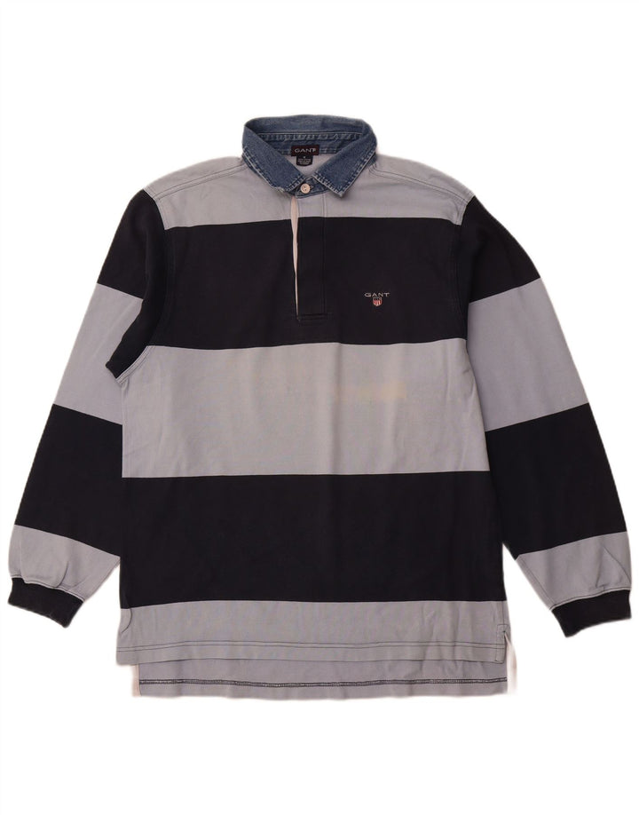GANT Mens Long Sleeve Rugby Polo Shirt Medium Navy Blue Striped Cotton