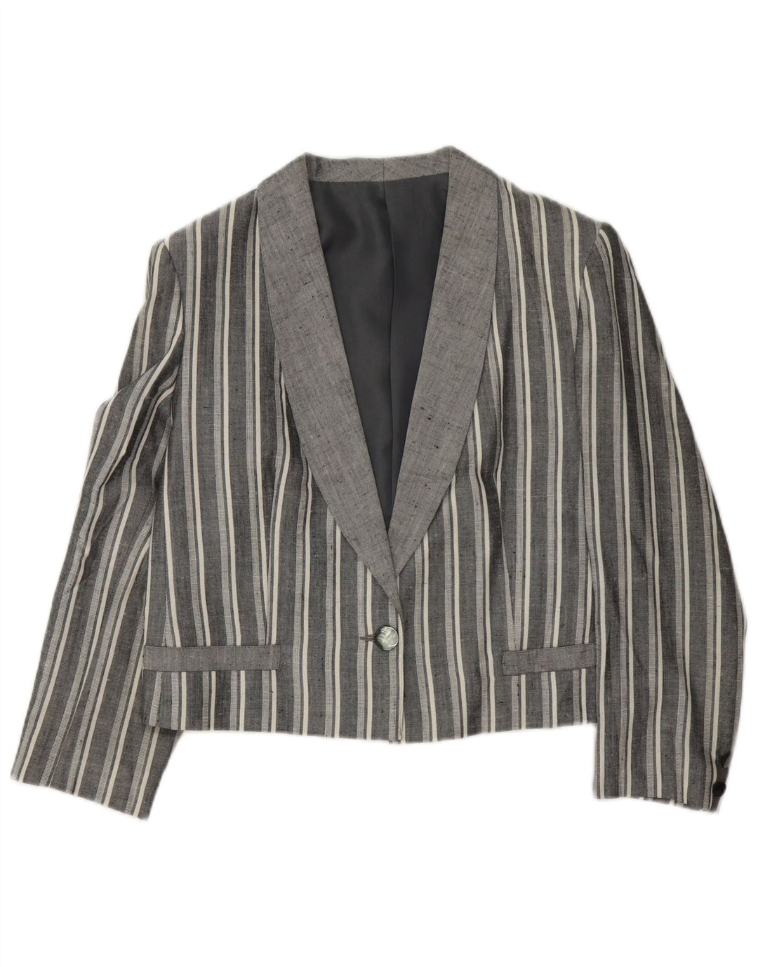 Vintage Womens Crop 1 Button Blazer Jacket UK 12 Medium Grey Striped