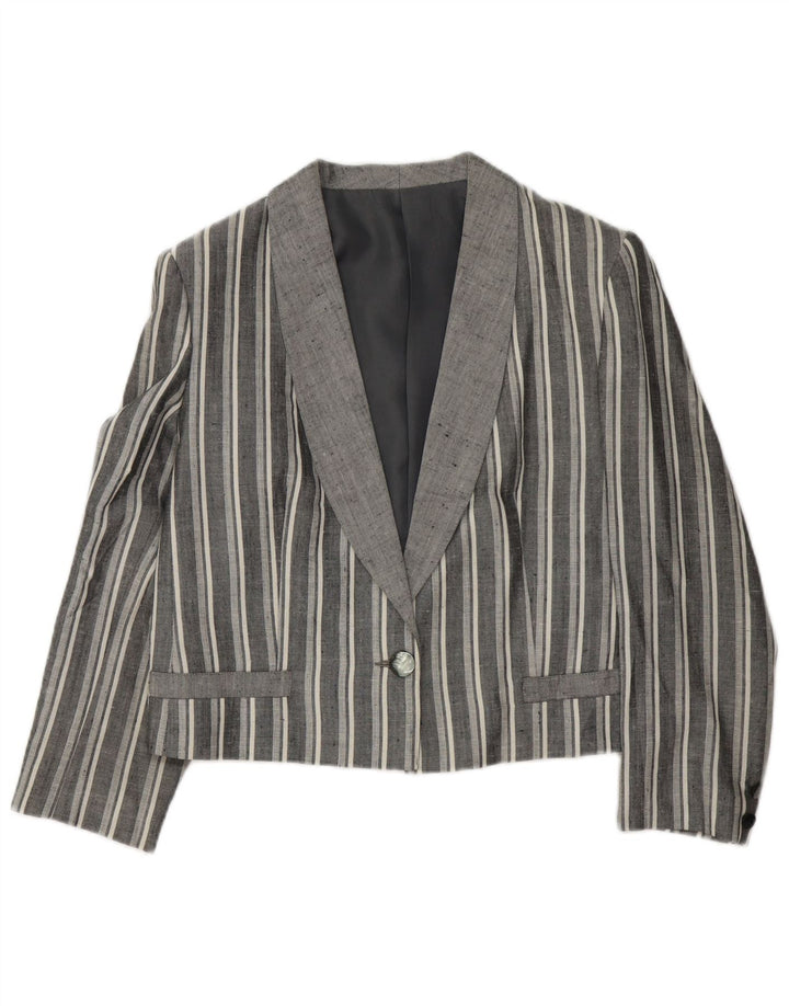 Vintage Womens Crop 1 Button Blazer Jacket UK 12 Medium Grey Striped