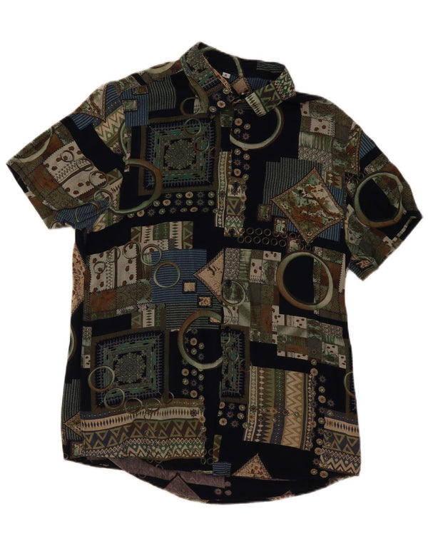 VINTAGE Mens Short Sleeve Shirt Medium Black Patchwork Viscose
