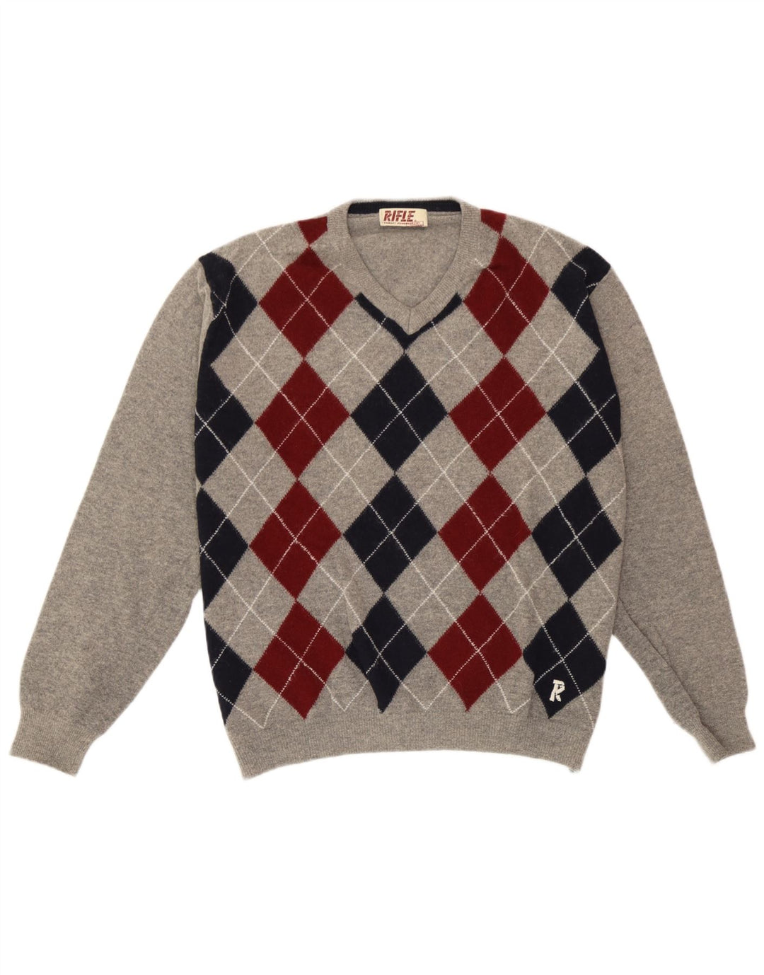 Rifle Mens V-Neck Jumper Sweater Large Grey Argyle/Diamond Wool