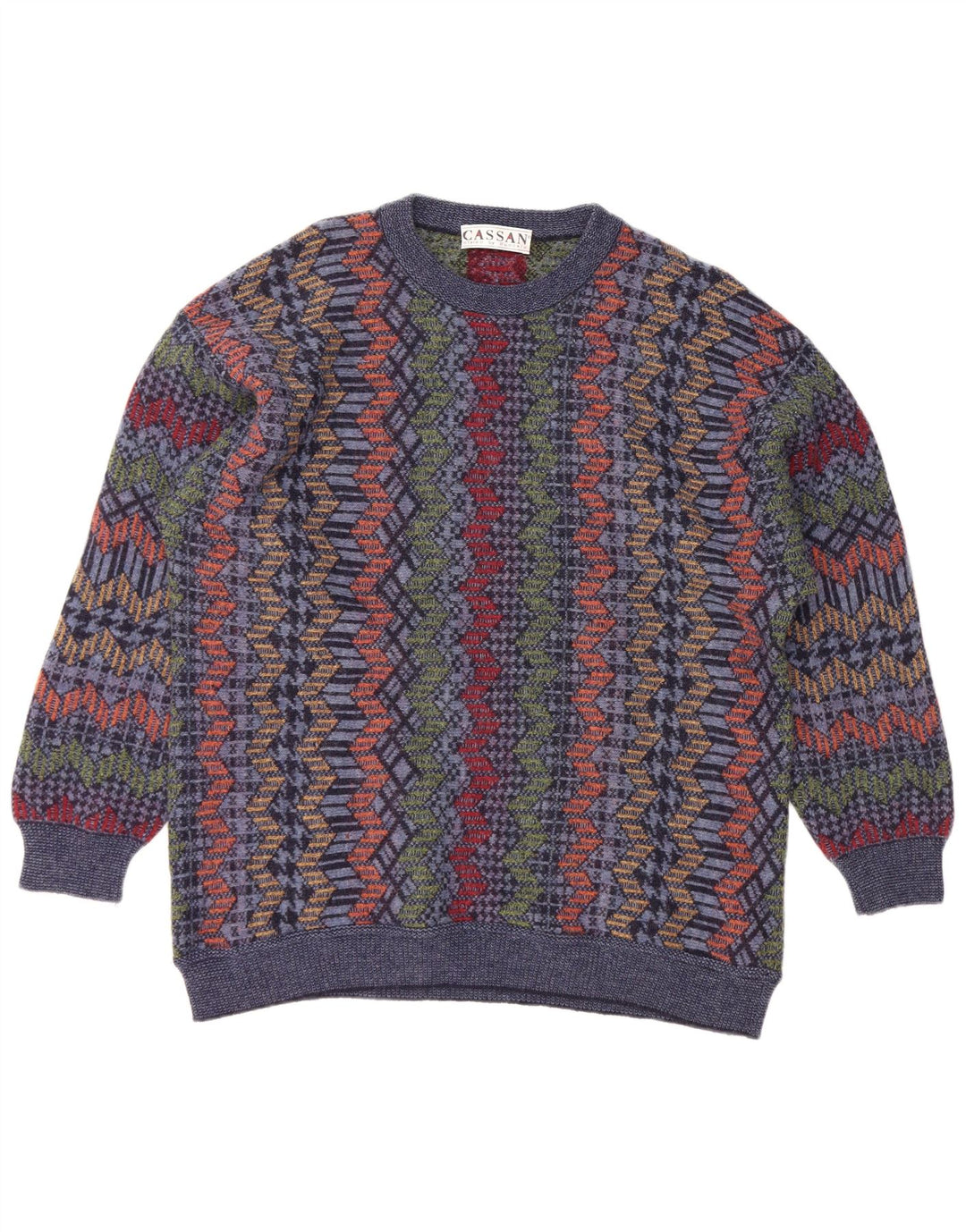 CASSAN Mens Boat Neck Jumper Sweater IT 52 Large Navy Blue Chevron Wool