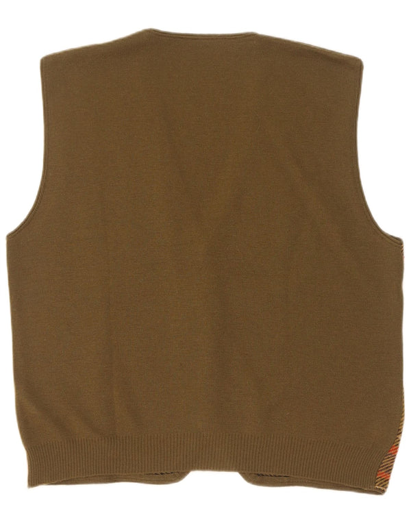 Vintage Mens Sleeveless Cardigan Sweater IT 54 XL Khaki Check Wool