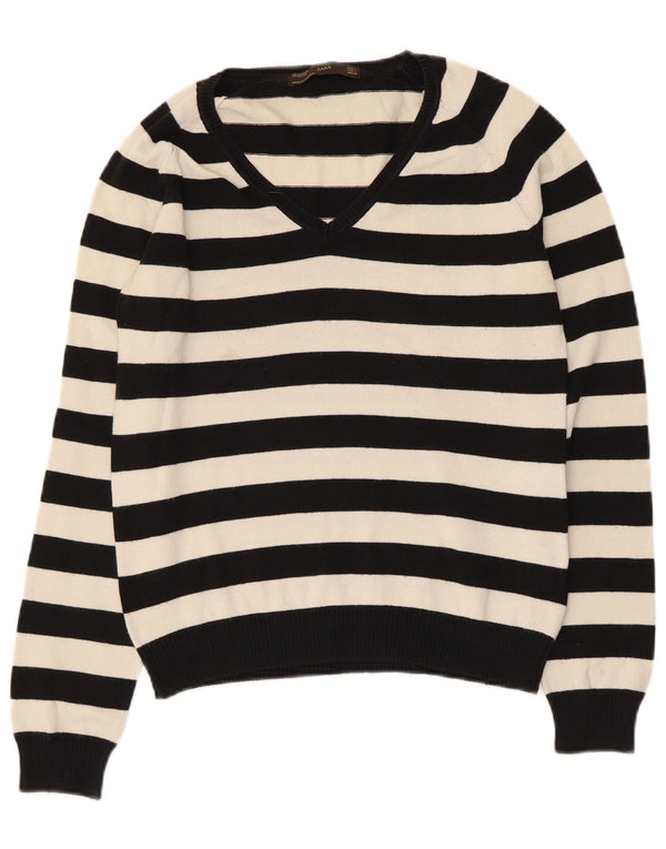 Zara Womens Crop V-Neck Jumper Sweater UK 14 Large Black Striped Cotton