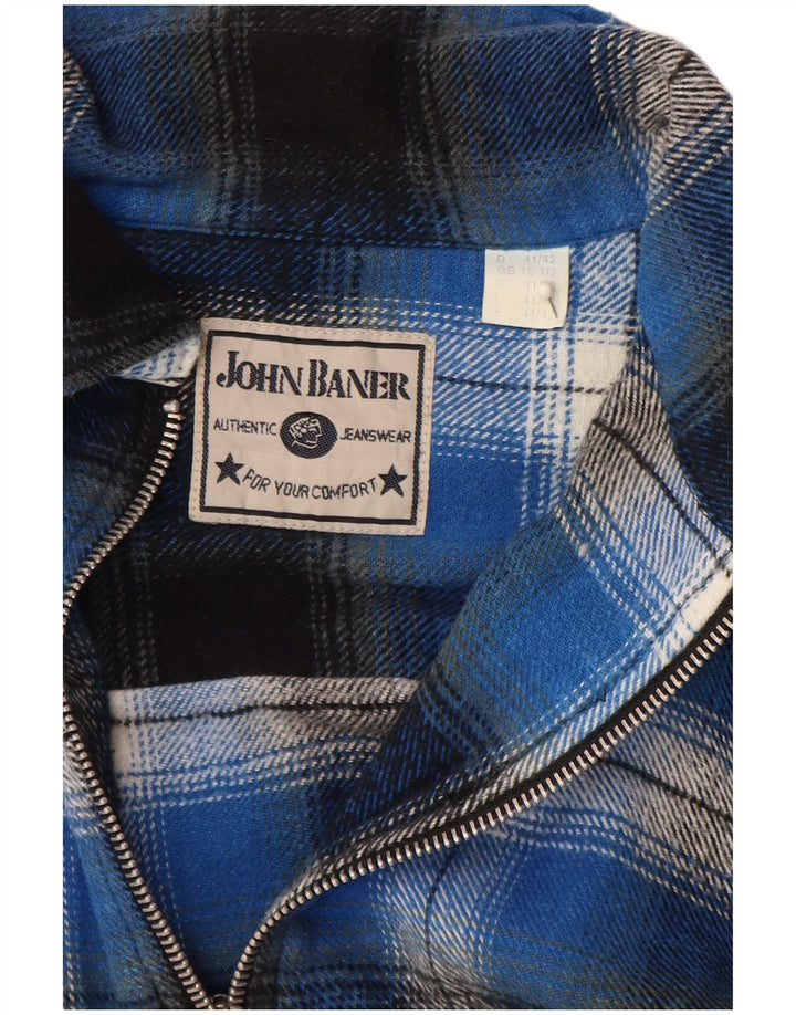 John Baner Mens Flannel Shirt Size 15 1/2 Medium Blue Check Cotton