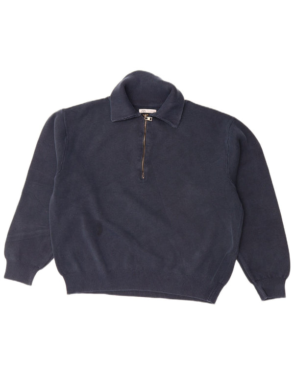 Zara Mens Loose Fit Polo Neck Jumper Sweater Medium Navy Blue Cotton
