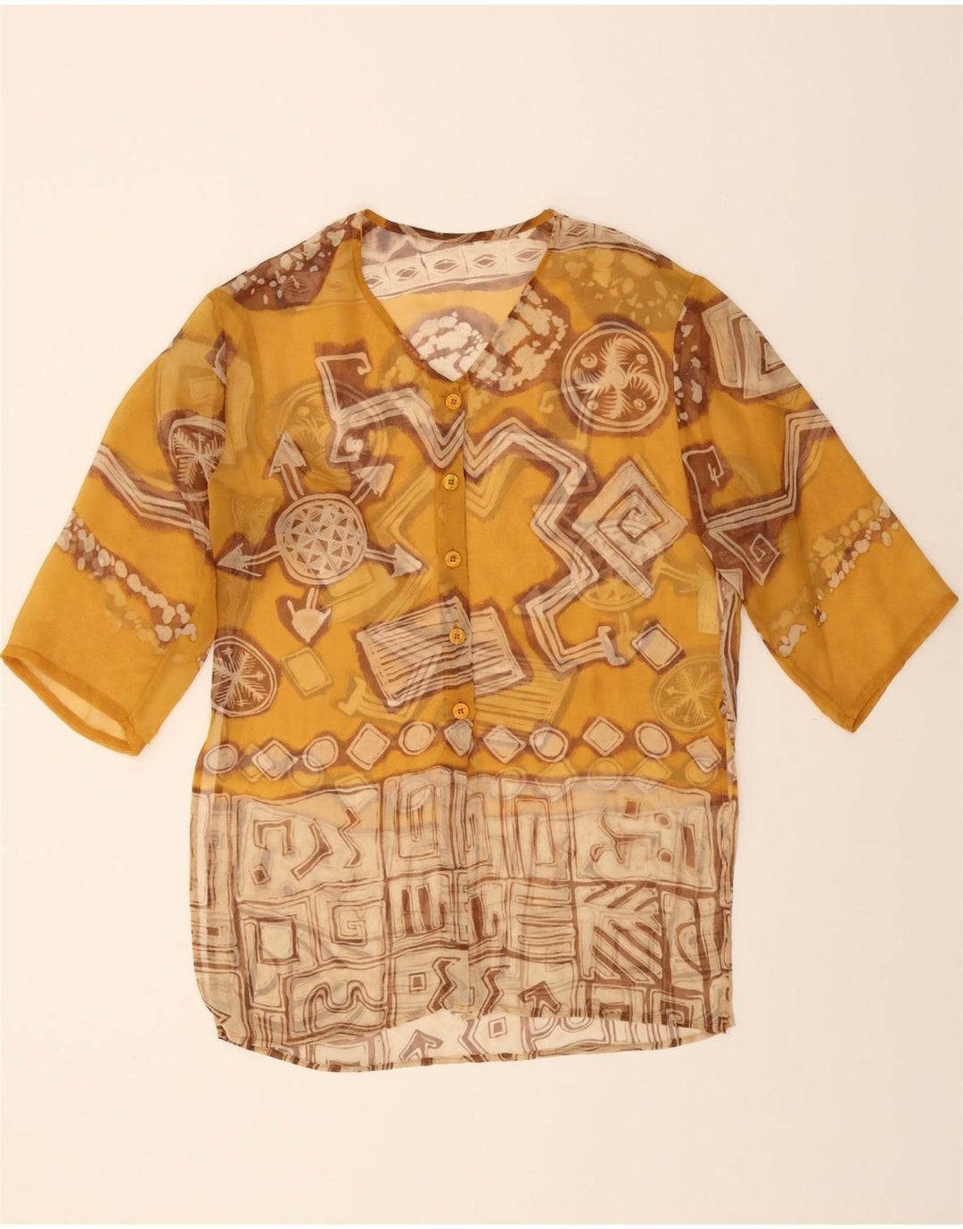 VINTAGE Womens Longline Abstract Pattern Shirt Blouse UK 10 Small Yellow Vintage Vintage and Second-Hand Vintage from Messina Hembry 