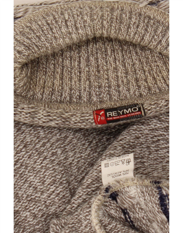 Vintage Mens Roll Neck Jumper Sweater Large Grey Striped Wool