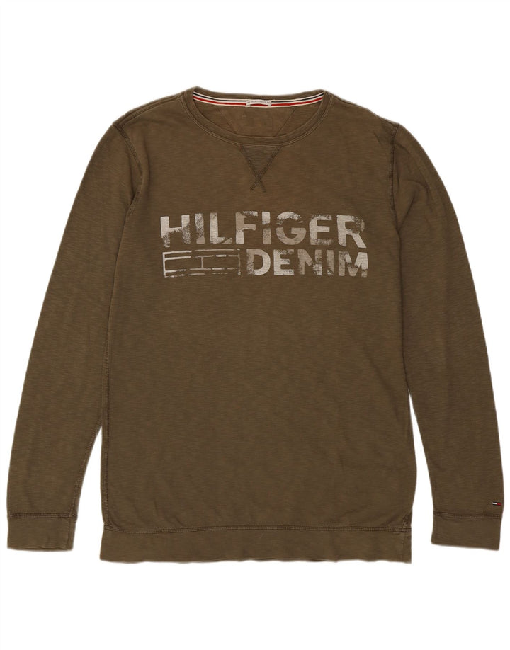 TOMMY HILFIGER Mens Crew Neck Jumper Sweater Medium Khaki Cotton