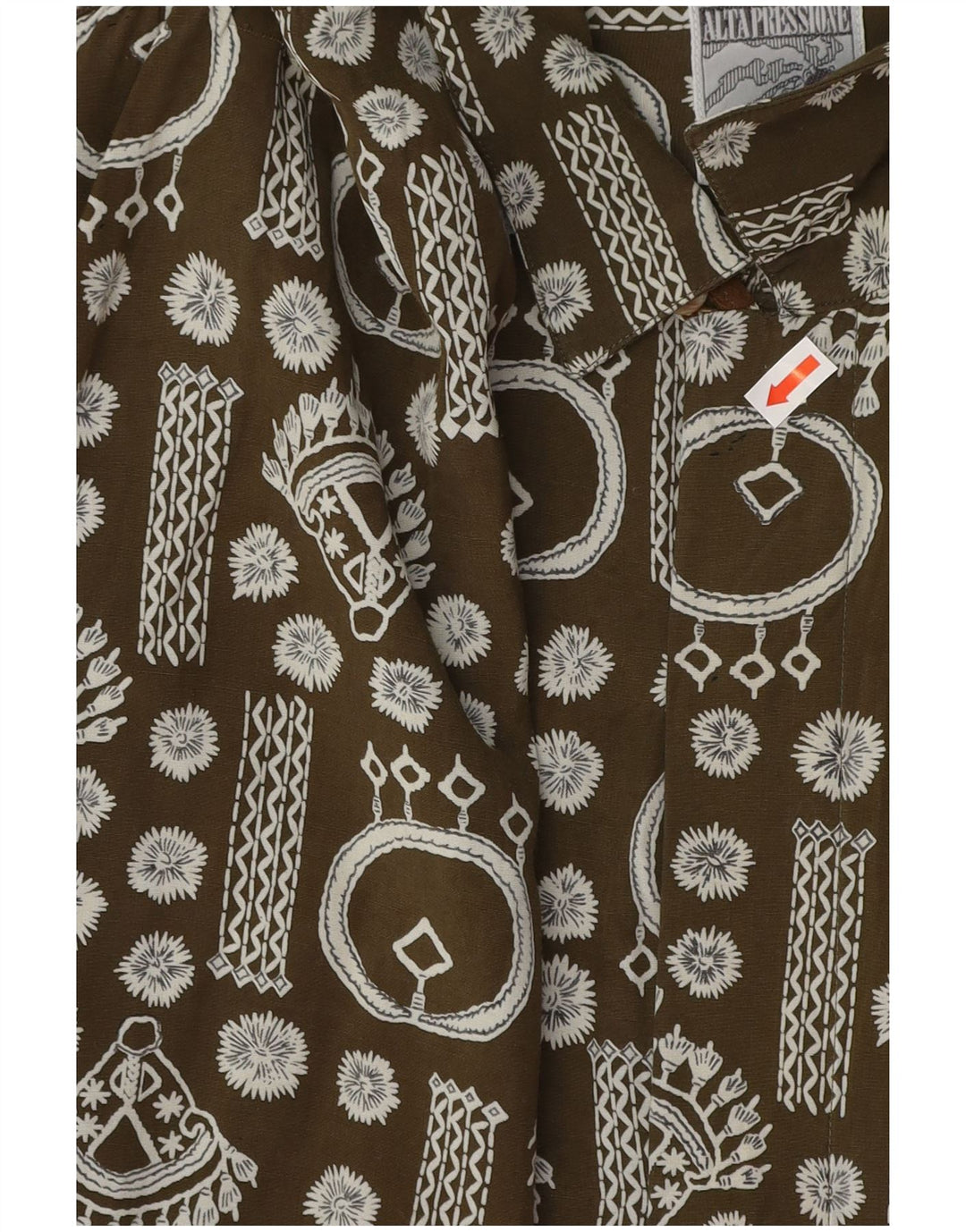 Vintage Mens Abstract Pattern Short Sleeve Shirt XL Khaki