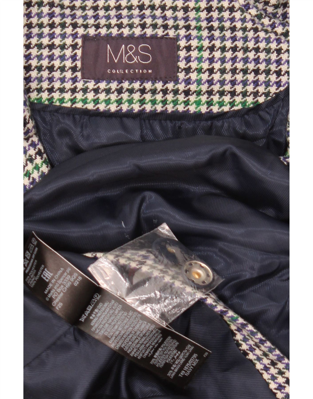 Marks & Spencer Womens Overcoat UK 22 3XL Navy Blue Houndstooth Polyester