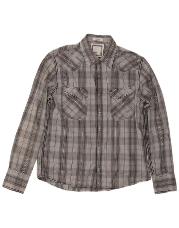 BKE Mens Slim Fit Shirt Medium Grey Check Cotton