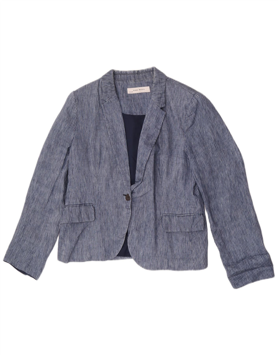 Zara Womens 1 Button Blazer Jacket UK 18 XL Blue Pinstripe Polyester