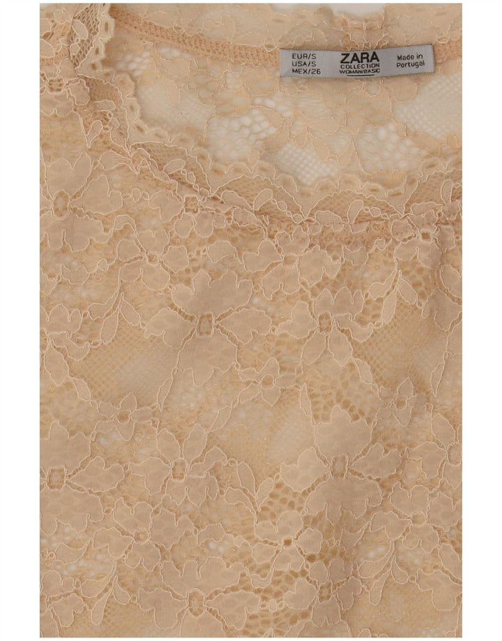 Zara Womens Lace See Through Top UK 10 Small Beige Floral
