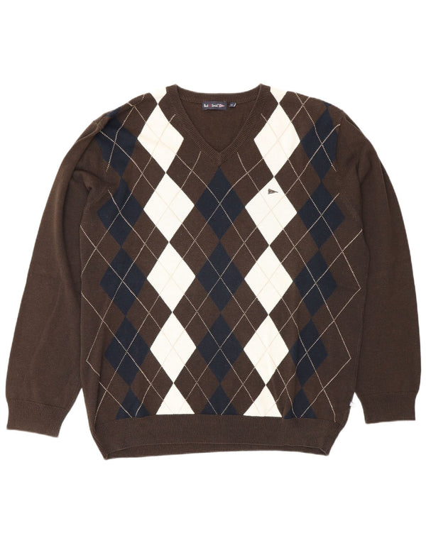 Paul Smith Mens V-Neck Jumper Sweater XL Brown Argyle/Diamond