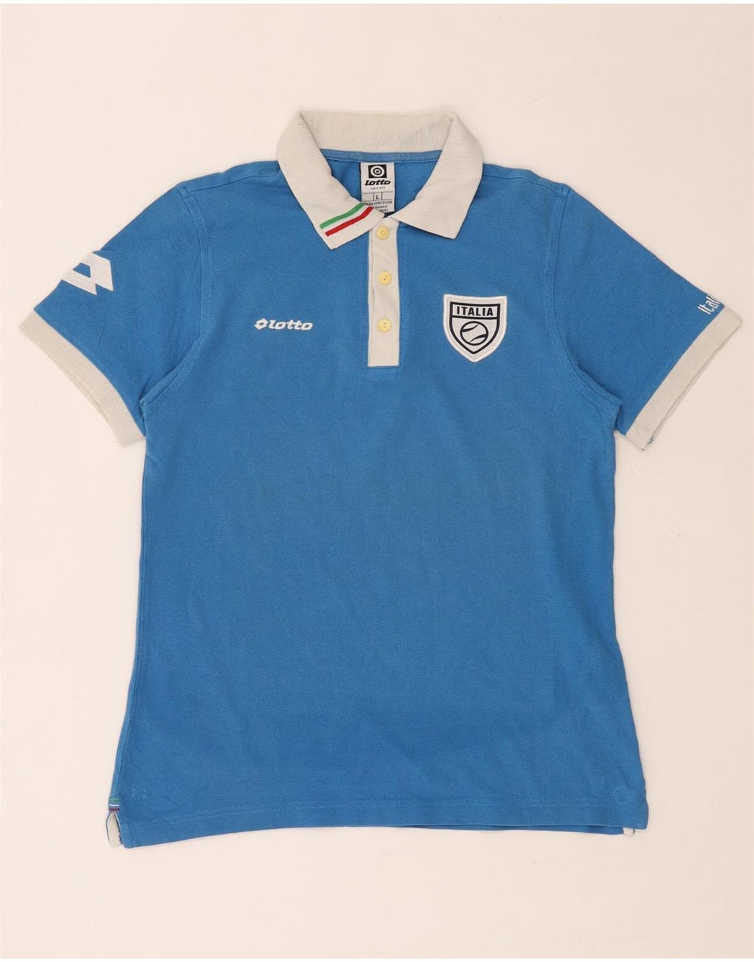 LOTTO Womens Italia Graphic Rugby Polo Shirt UK 14 Large Blue Cotton