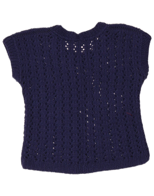 VINTAGE Womens Crop Boat Neck Jumper Sweater UK 12 Medium Navy Blue