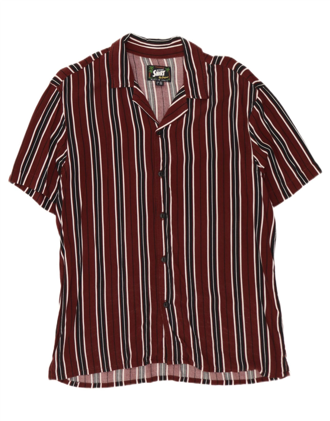 PULL & BEAR Mens Short Sleeve Shirt Large Burgundy Striped Viscose