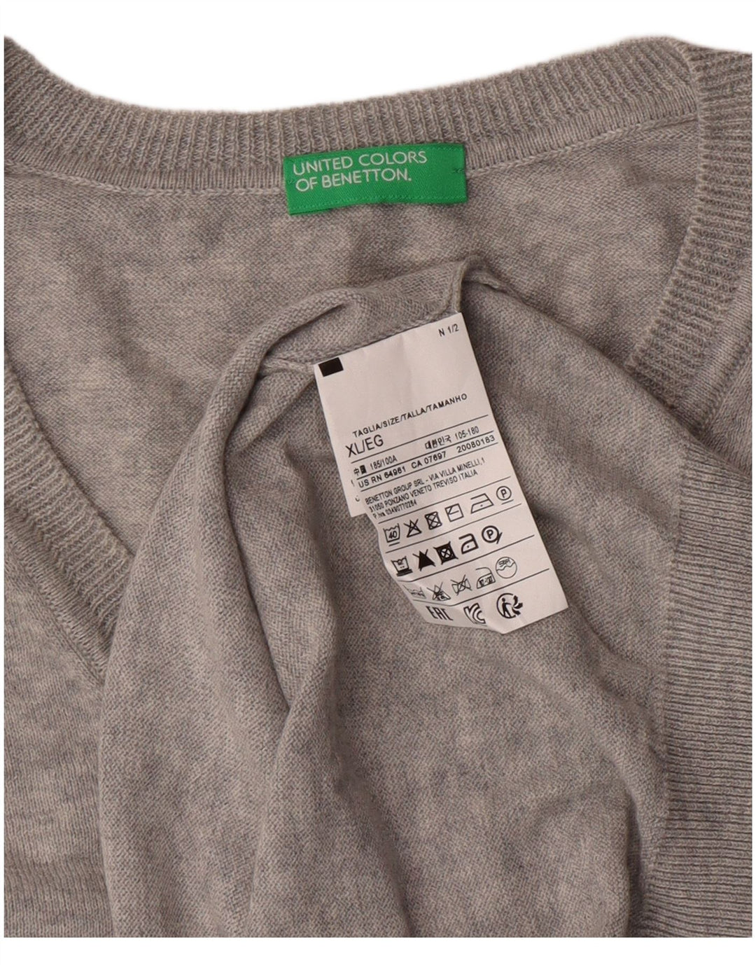 United Colors of Benetton Mens V-Neck Jumper Sweater XL Grey Cotton Classic