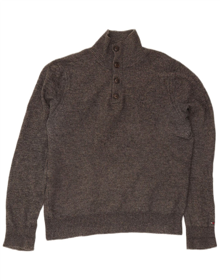 Tommy Hilfiger Mens Button Neck Jumper Sweater Medium Grey Wool